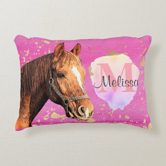 馬かわいらし動物の馬術ピンクのモノグラム アクセントクッション (正面)