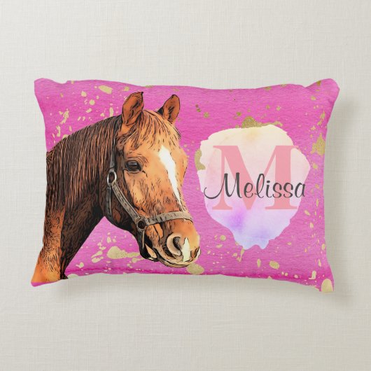 馬かわいらし動物の馬術ピンクのモノグラム アクセントクッション (裏面)