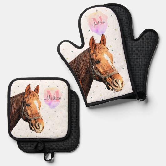 馬かわいらし獣馬馬厩舎モノグラム 鍋つかみ&鍋敷きセット (正面/裏面)