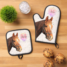 馬かわいらし獣馬馬厩舎モノグラム 鍋つかみ&鍋敷きセット