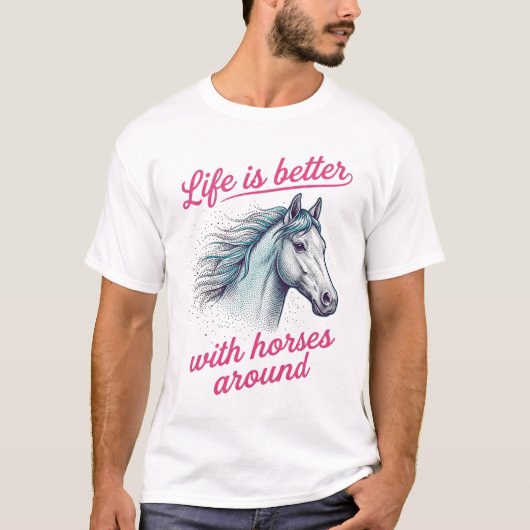 馬がいれば人生はもっと楽しい ビンテージ ベクター デザイン Tシャツ (正面)