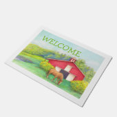 馬が付いているのどかな夏の景色の赤い納屋 ドアマット (アングル)