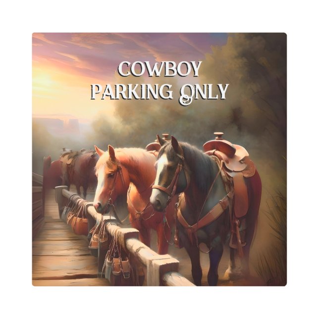 馬が引っ掛けた"カウボーイパーキング" メタルプリント (正面)