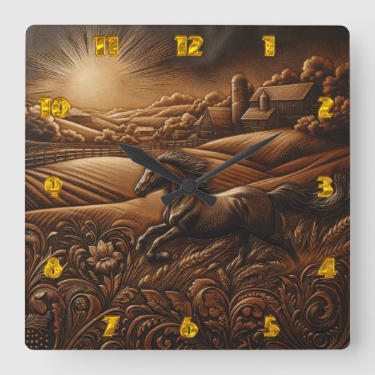 「馬が日の出の丘を駆け回る」 スクエア壁時計 (正面)