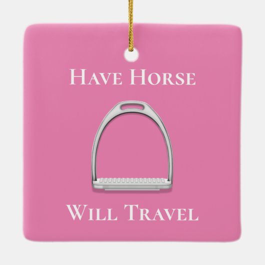 "馬が移動する"スターラップアイロンでピンク セラミックオーナメント (裏面)