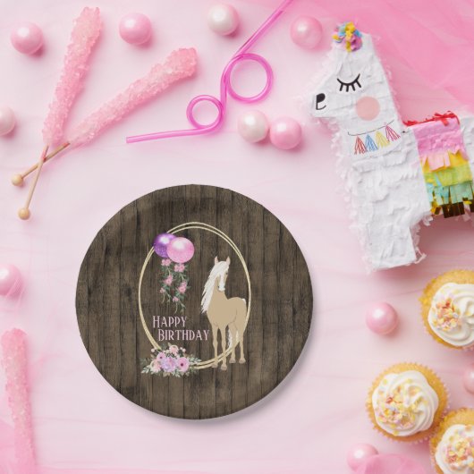 馬とかわいらし花オンバーンウッド誕生日 ペーパープレート (パーティー)
