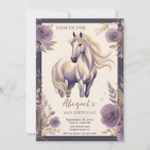 馬とかわいらし花パープルと金ゴールド誕生日 招待状 (正面)