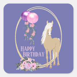 馬とかわいらし花ピンクペリウィンクル誕生日 スクエアシール