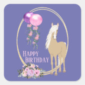 馬とかわいらし花ピンクペリウィンクル誕生日 スクエアシール (正面)