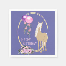 馬とかわいらし花ピンクペリウィンクル誕生日 スタンダードカクテルナプキン