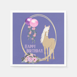 馬とかわいらし花ピンクペリウィンクル誕生日 スタンダードカクテルナプキン