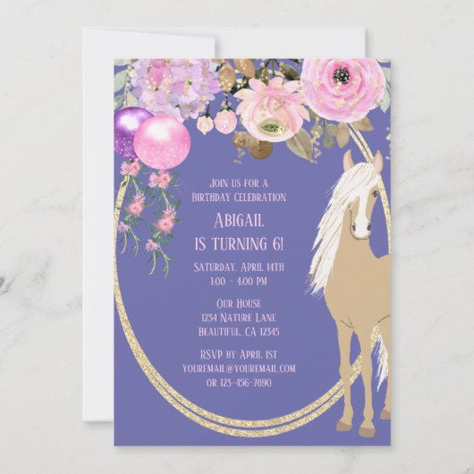 馬とかわいらし花ピンクペリウィンクル誕生日 招待状 (裏面)