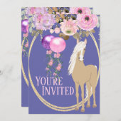 馬とかわいらし花ピンクペリウィンクル誕生日 招待状 (正面/裏面)