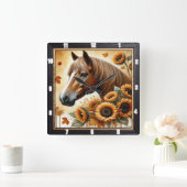 馬とひまわり秋 スクエア壁時計 (ホーム)