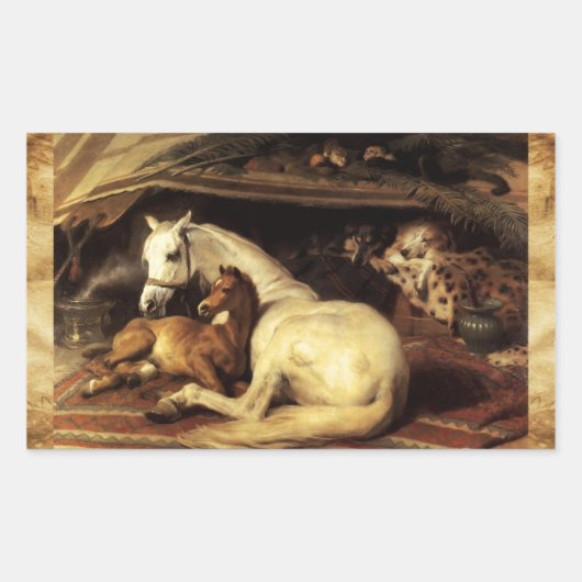 馬とアラブのテント、その他の動物の羊飼い 長方形シール (正面)