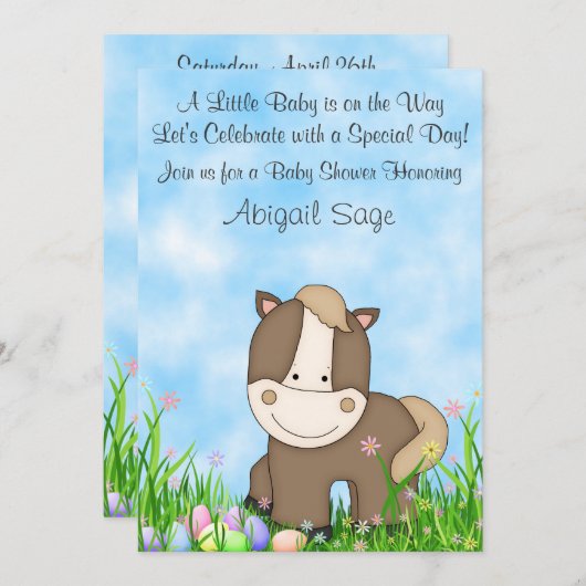 馬とイースターエッグ赤ちゃんシャワー招待状～ニュートラル 招待状 (正面/裏面)