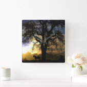 馬とオークの木の日没時計 スクエア壁時計 (ホーム)