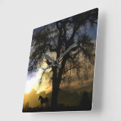 馬とオークの木の日没時計 スクエア壁時計 (傾斜)