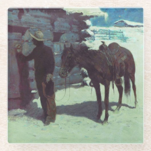 馬とカウボーイの冬の雪 ガラスコースター (正面)