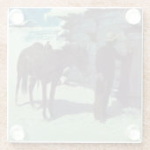 馬とカウボーイの冬の雪 ガラスコースター (裏面)