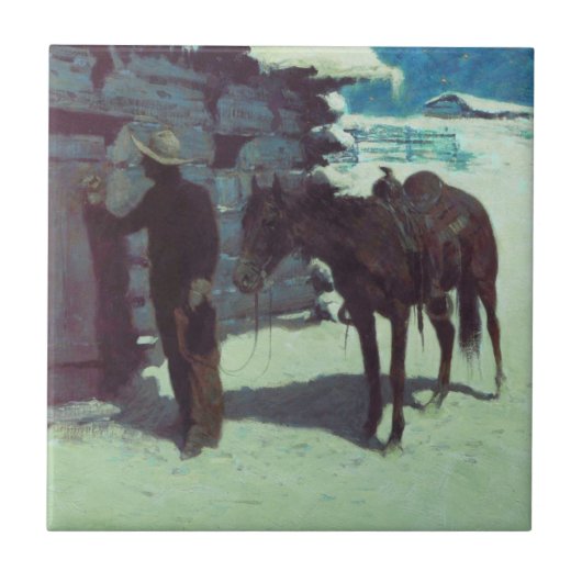 馬とカウボーイの冬の雪 タイル (正面)