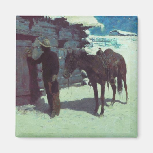 馬とカウボーイの冬の雪 マグネット (正面)