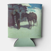 馬とカウボーイの冬の雪 缶クーラー (正面)