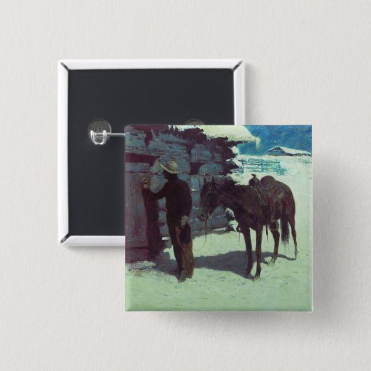 馬とカウボーイの冬の雪 缶バッジ (正面&裏面)