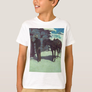 馬とカウボーイの冬の雪 Tシャツ