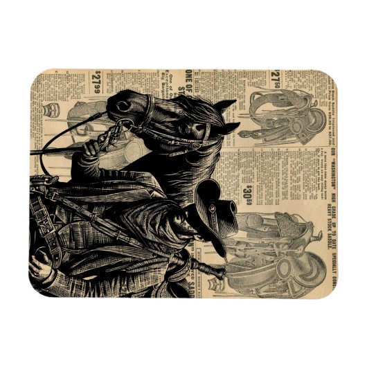 馬とカウボーイイラストレーション西洋美術 マグネット (横)