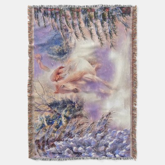 馬とカラフルの冬の風景の水色 スローブランケット (正面縦)