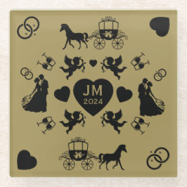 馬とカートのロマン結婚ティック ガラスコースター