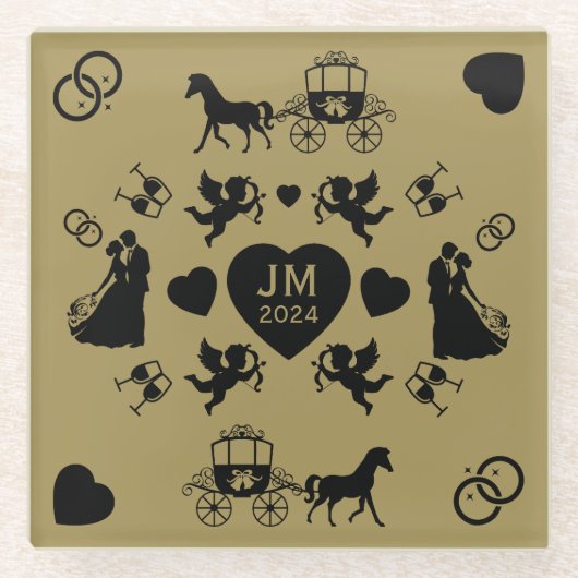 馬とカートのロマン結婚ティック ガラスコースター (正面)