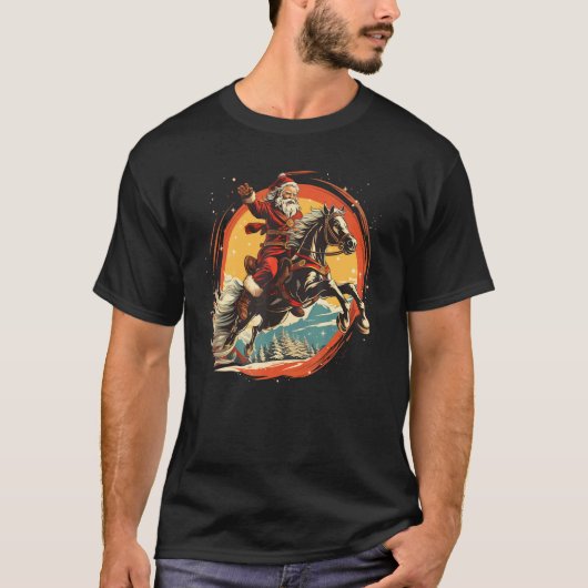 馬とクリスマスの幸せなライディングサンタクロース Tシャツ (正面)