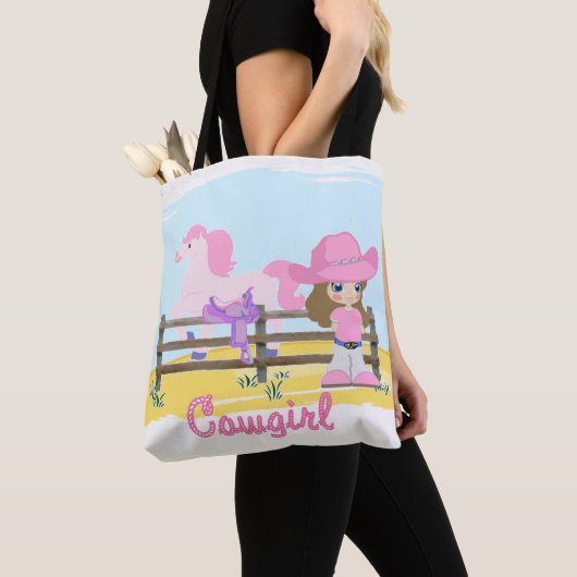 馬とサドルトートバッグを備えたリトル女性のカーボーイ トートバッグ (クローズアップ)