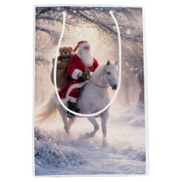 馬とサンタの雪のクリスマスギフト ミディアムペーパーバッグ
