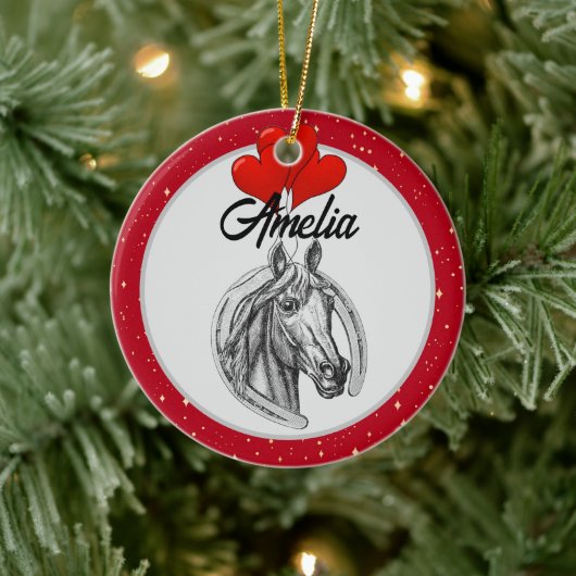 馬とハート パーソナライズされた セラミックオーナメント (ツリー)