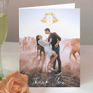 馬とバラ黄色の灰色のモノグラム結婚の写真 サンキューカード