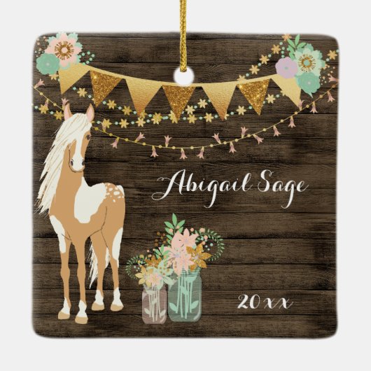 馬とパーソナライズされた花のクリ素朴スマス セラミックオーナメント (裏面)