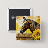 馬とヒマワリの美しいAIアート 缶バッジ (正面&裏面)