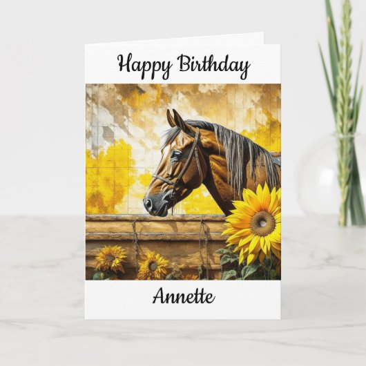 馬とヒマワリパーソナライズされた誕生日 カード (正面)