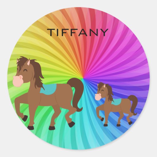 馬とレインボウのステッパーソナライズされたク子供へ。 ラウンドシール (正面)