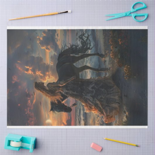 馬とレディのビーチとサンセットのデコパージュ、 薄葉紙 (クラフト)