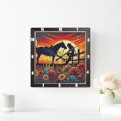 馬と乗り手と夕日を描く西洋のシーン スクエア壁時計 (ホーム)