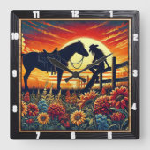 馬と乗り手と夕日を描く西洋のシーン スクエア壁時計 (正面)