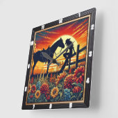 馬と乗り手と夕日を描く西洋のシーン スクエア壁時計 (傾斜)