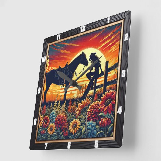馬と乗り手と夕日を描く西洋のシーン スクエア壁時計 (傾斜)