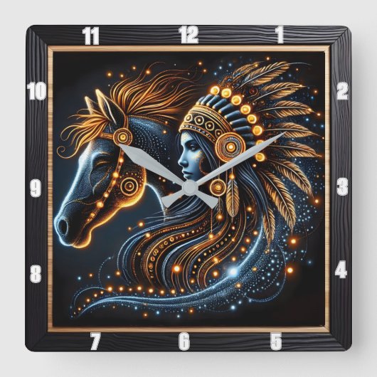 馬と先住民の精霊の複雑な踊り スクエア壁時計 (正面)