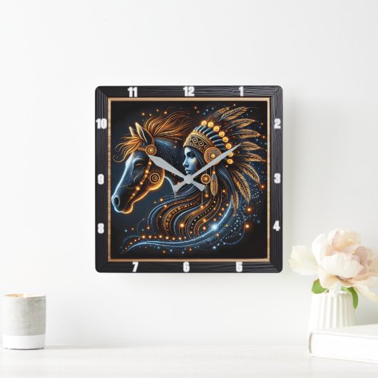 馬と先住民の精霊の複雑な踊り スクエア壁時計 (ホーム)