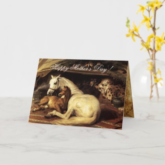 馬と動物の母の日を持つアラブのテント カード (黄色い花)